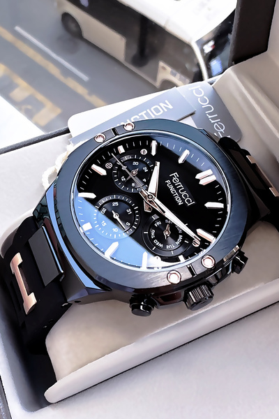 Ferrucci Function Erkek Kol Saati 3 Atm Su Geçirmez Siyah Renk Silikon Kordon Bileklik Hediyeli Cbk581