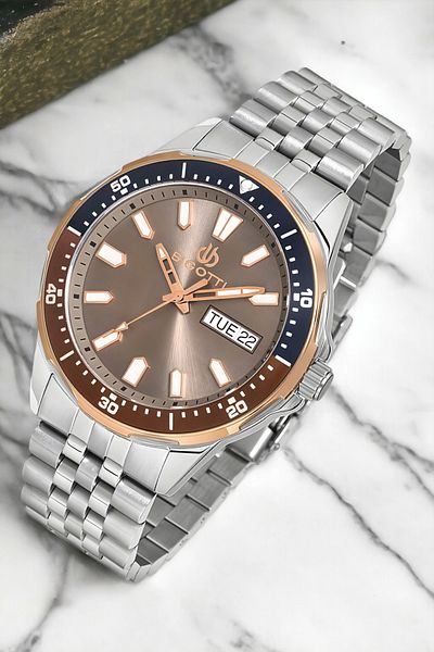 Bigotti Men's Function Wristwatch - Silver/Rose Color, Steel Case and Cord Bracelet, Gift Zmb