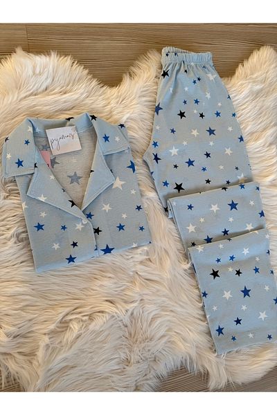 Pijamacs Set de pijamale cu guler de cămașă cu mânecă scurtă din bumbac cu model stea albastră