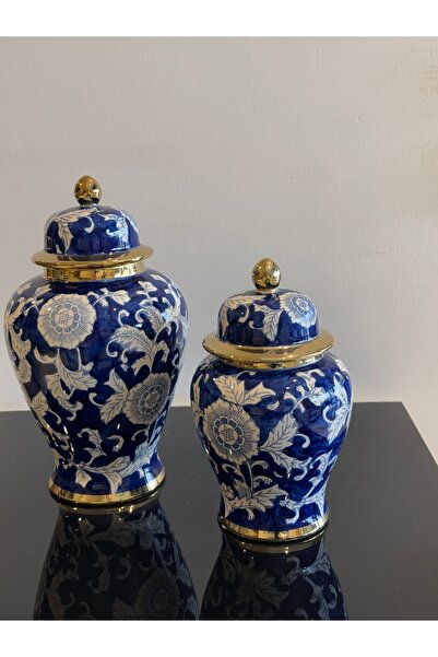 vazo 2li Türkuaz çiçek desenli vazo