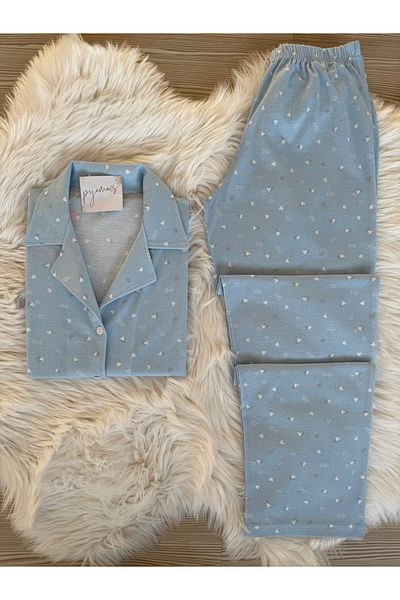 Pijamacs Set de pijamale cu guler de cămașă cu mânecă scurtă din bumbac cu model mini inimă albastră