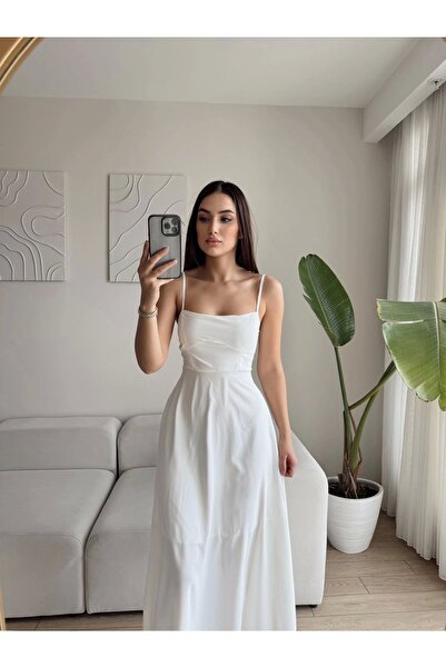 Zoom Butik İp Askılı Volanlı Prenses Elbise - BEYAZ