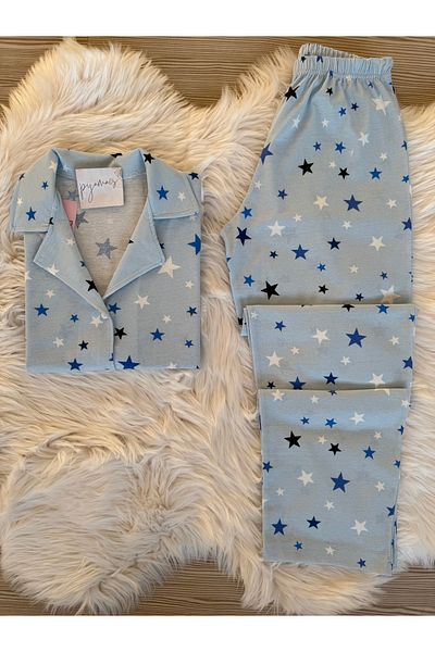 Pijamacs Set de pijamale cu guler de cămașă cu mânecă scurtă din bumbac cu model stea albastră