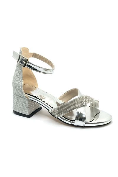 Kocamanlar Ayakkabı İremsu 2727 Girl's Evening Dress Stone Heeled Shoes Silver