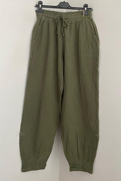 AYASOFYA OTANTIK Women's Khaki Elastic Waist Tied Detailed Muslin Cotton Pencil Leg Trousers