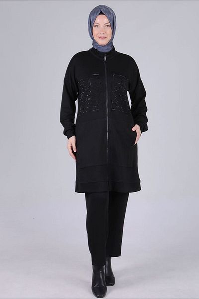 Moda Rosa 25K3536 - أسود - بدلة بنطلون قماش حجاب مقاس كبير