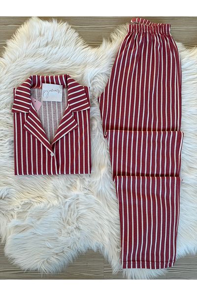 Pijamacs Burgundy Striped Patterned Cotton Short Sleeve Shirt Collar Pajama Set