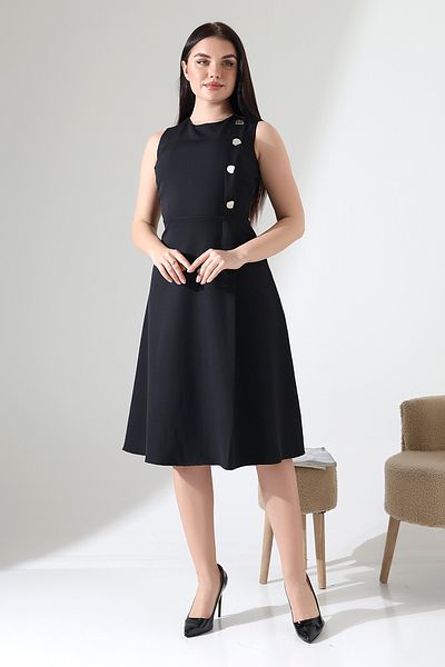 Mois Atelier Black Sleeveless A-Line Skirt Button Detail Crew Neck Midi Dress Design Plus Size