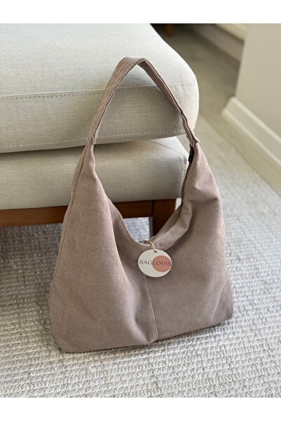 BAGLOVİS SADE SALAŞ SÜET BEJ KADIN OMUZ ÇANTASI