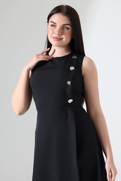 Mois Atelier Black Sleeveless A-Line Skirt Button Detail Crew Neck Midi Dress Design Plus Size
