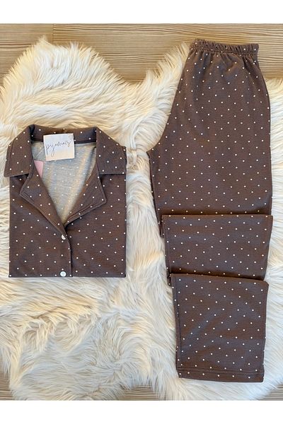 Pijamacs Mink Polka Dot Patterned Cotton Short Sleeve Shirt Collar Pajama Set