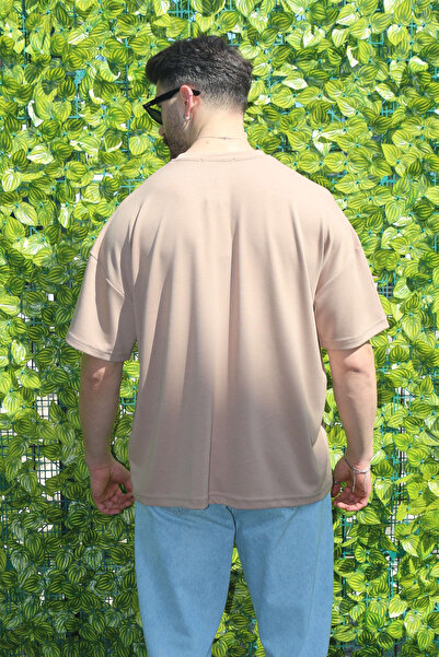 EydaMoon Ανδρικό μπλουζάκι μπεζ Oversize Modal 100% βαμβακερό ύφασμα χαλαρή κοπή με λαιμόκοψη