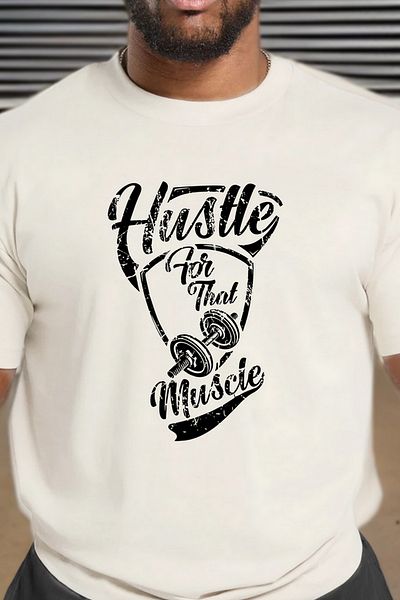 BESSA Ανδρικό μπλουζάκι Hustle Muscle με στάμπα μπεζ Oversize Crew Neck Cotton Athlete