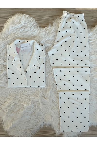 Pijamacs White Polka Dot and Heart Pattern Cotton Short Sleeve Shirt Collar Pajamas Set