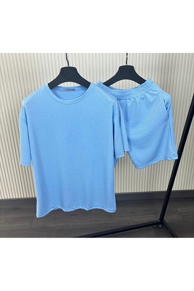 Shine Stone Ribbed Bottom Top Shorts Suit