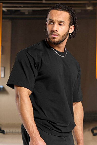BESSA Men's Black Oversize Crew Neck Cotton T-Shirt Basic