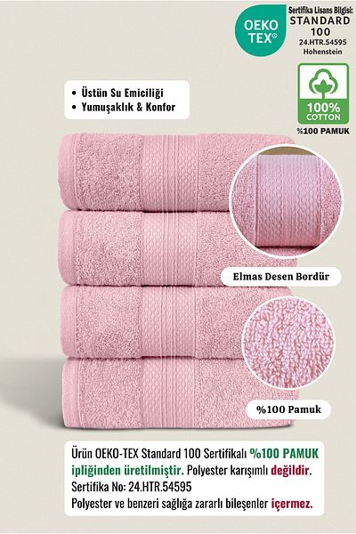 Ellaline طقم مناشف منقوشة بالألماس مكون من 4 قطع - 100% قطن، فائق الامتصاص، حدود ناعمة 50x80 سم