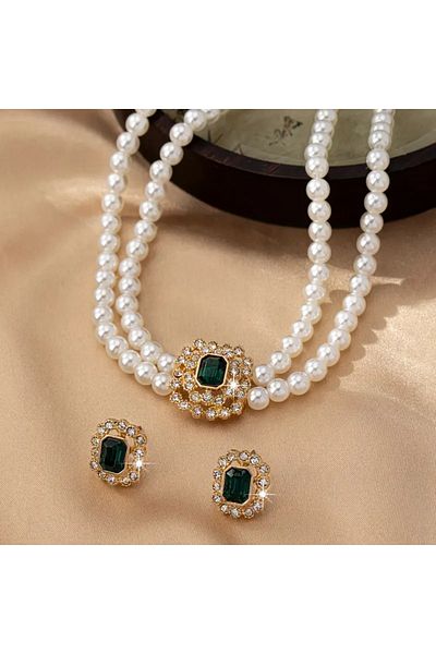 Monarque Luxurious Elegan Double Rows Pearls Set Jade Stone Accent Bracelet & Earrings, Acrylic Daily Wear