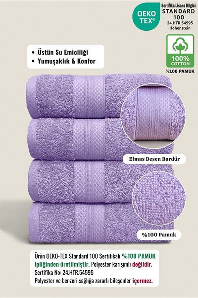 Ellaline Σετ 4 πετσετών με διαμάντια - 100% βαμβάκι, εξαιρετικά απορροφητικό, μαλακό περίγραμμα 50x80cm