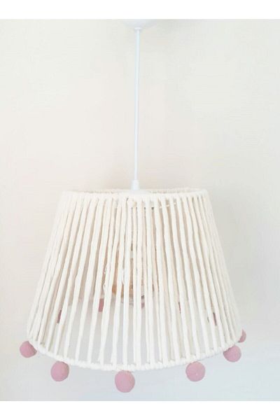 C&A&B KUZEY AVİZE Ecru Macrame Rope Wrapped Pink Pompom Baby and Children's Room Pendant Lamp Chandelier