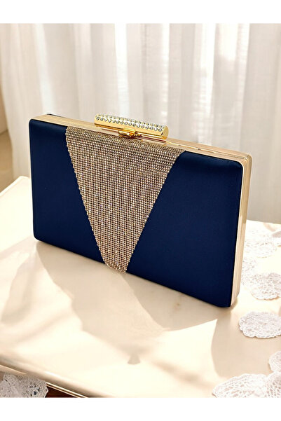 MidStore Navy Blue Color Satin Gold Color Crystal Stone Women's Evening Dress...