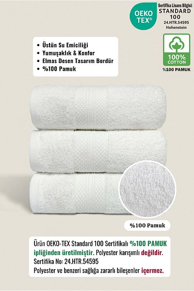 Ellaline Set de prosoape ultra absorbante din 3 piese certificate din bumbac - Bordura cu model diamant moale 50x80cm