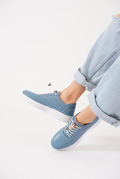 Moda Pie Nago Lastik Bağlı Hakiki Deri Kadın Spor Ayakkabı Kot Mavi Cilt