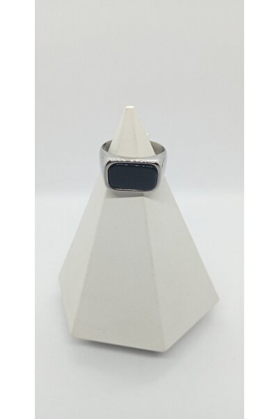 ndjewelry خاتم فولاذي بلون فضي مع حجر أسود