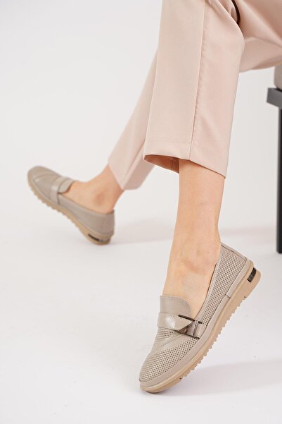 Moda Pie Essore Yan Tokalı  Hakiki Deri Ayakkabı Vizon Cilt