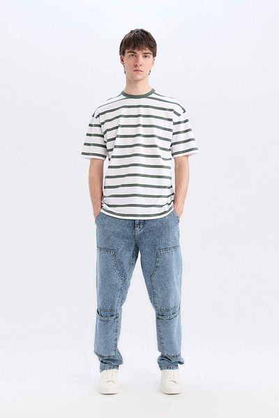 DeFacto 100% Cotton Boxy Fit Crew Neck Striped Short Sleeve T-Shirt E1160Ax25Sm