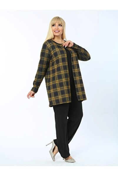 MODA Women's Plus Size Black Yellow Plaid Collar Flap Flexible Jacquard Jacket