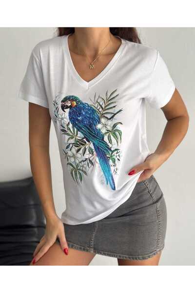 REMENY Γυναικεία λευκή νέα σεζόν μπλουζάκι με λαιμόκοψη V με πούλιες πουλιών με κεντημένο σχέδιο βαμβακερό
