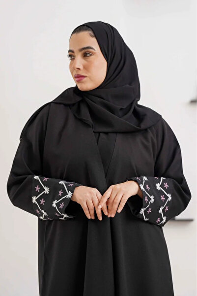 Zahya Abaya عباية ناعمة بتطريز ابيض وزهري ع الكم