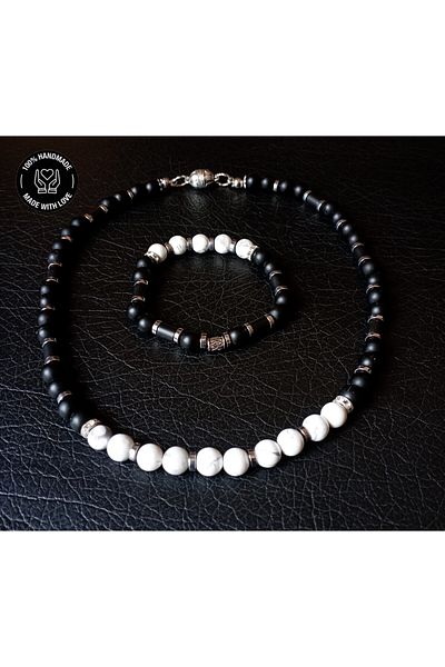 Asteria Elite Onyx Howlite Evil Eye Protection and Peace Necklace Bracelet Set