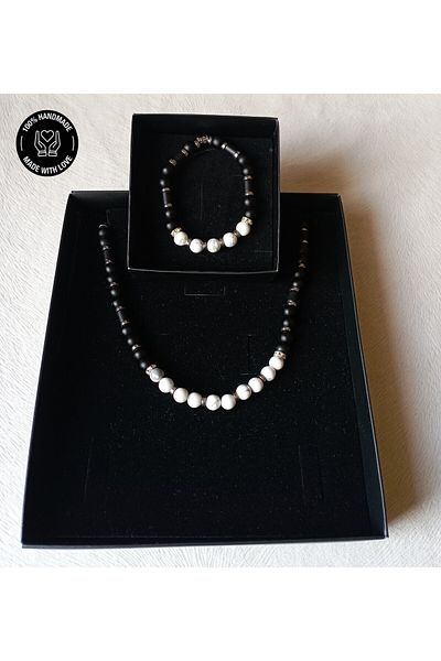 Asteria Elite Onyx Howlite Evil Eye Protection and Peace Necklace Bracelet Set