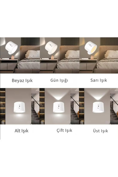 Hightek Led Kablosuz 360 Dönen Şarjlı Yatak Başı Çalışma Masası Ledli Duvar Aplik 3 Renk Işıklı Gece Lambası