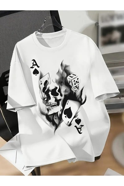 JoneBase Unisex Maça As Zar İskelet Kafa Baskılı Oversize %100 Pamuk T-shirt