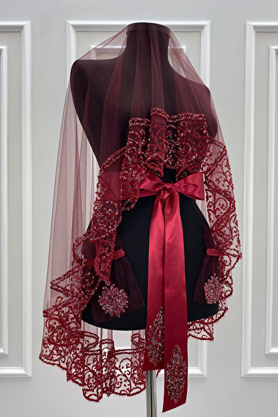 ZEYMERADE طقم حجاب زفاف أحمر كلاريت، طقم حجاب حناء مطبوع بالخرز الزجاجي والتر...