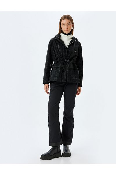 Koton Faux Leather Oversize Raincoat with Hooded Waist Tie Zipper Pocket