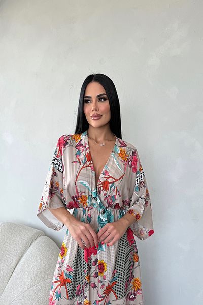 LİLA İSTANBUL Rochie de vară din țesătură din viscoză, cu guler dublu, cu talie elastică, cu detaliu cu fantă