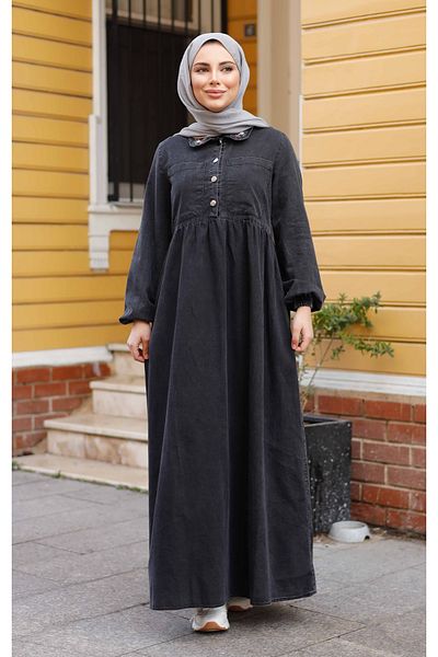 Pamuk Butik Γυναικείο τζιν φόρεμα με μοτίβο στον γιακά και τσέπη στο στήθος