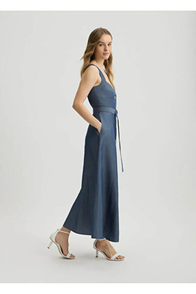 Liu Jo Kadın Keten Karışımlı Düğme Kapamalı Yırtmaçlı Askılı Kemer Detaylı Uzun Mavi Elbise WA5312T4818-948
