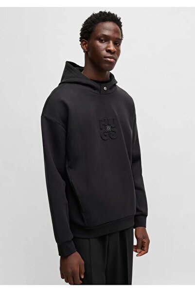 HUGO Erkek Rahat Kesim Monogram Logolu Pamuklu Yuvarlak Yaka Uzun Kollu Siyah...