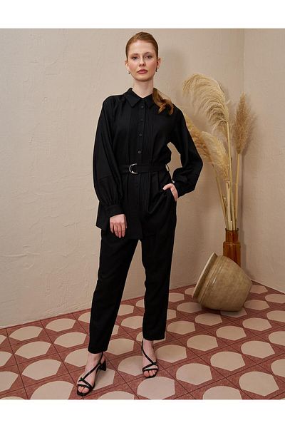 Kayra Ribbed Stitched Shirt Collar Tunic Black