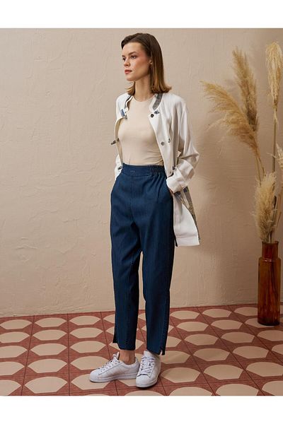 KYR Elastic Waist Carrot Cut Lyocell Trousers Navy Blue