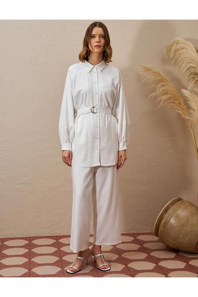Kayra Nervür Dikişli Gömlek Yaka Tunik Optik Beyaz