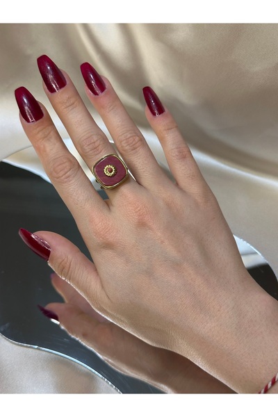 asal jewelry Kare Plaka Bordo Doğal Taşlı Çelik Yüzük