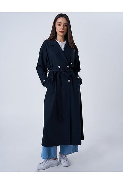 Kayra Men's Neckline Belted Trench Coat Dark Navy
