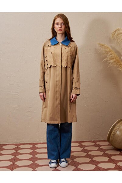 Kayra Denim Garnili Aplikeli Trençkot Bej