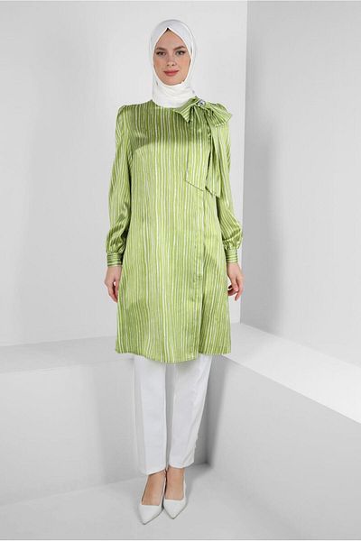 Alvina Striped Collar Bow Detailed Satin Tunic 43738